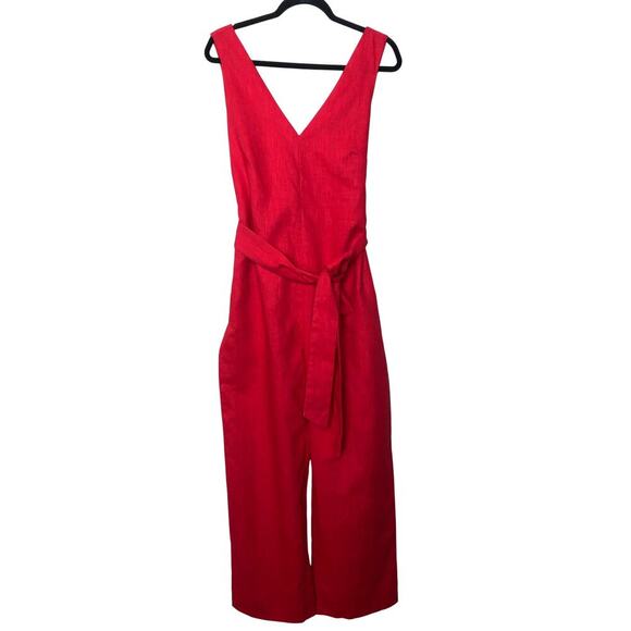 LPA Revolve Jumpsuit Large Red Linen Blend V-Neck Wide Leg Belted Boho Casual - Picture 1 of 15